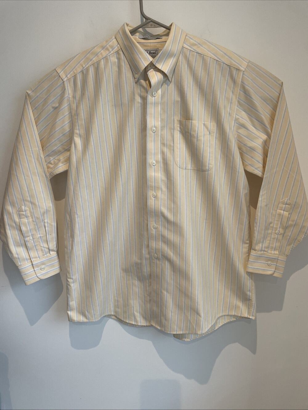 LL Bean Shirt Mens 16.5 33 Wrinkle Resist Yellow Blue Striped Button Down J12